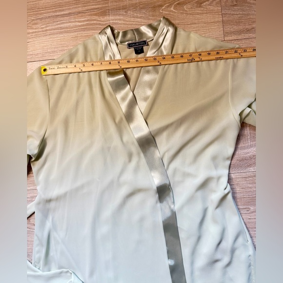 Halston 2X Sage Green Sheer Robe & Slip Dress Set Satin Trim Elegant Lounge - Picture 15 of 16